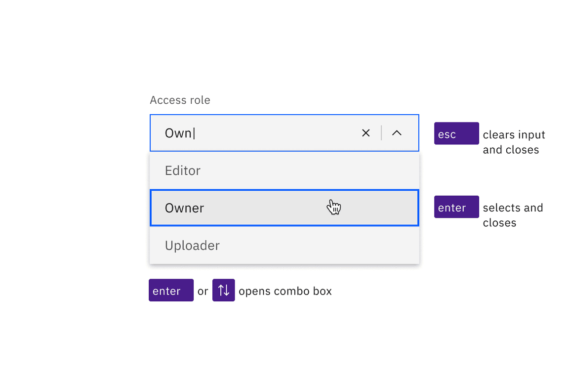 The Enter key opens and selects items in a combo box. Arrow keys can open and navigate the options. Esc clears the input and closes.